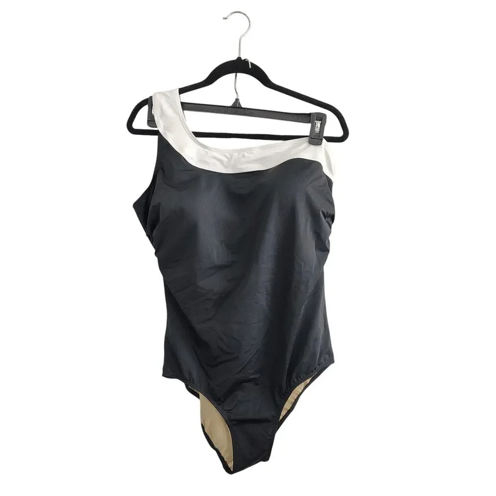 Swimsuits for All PlusSize 20 Black White Colorblock One Shoulder One Piece Swim